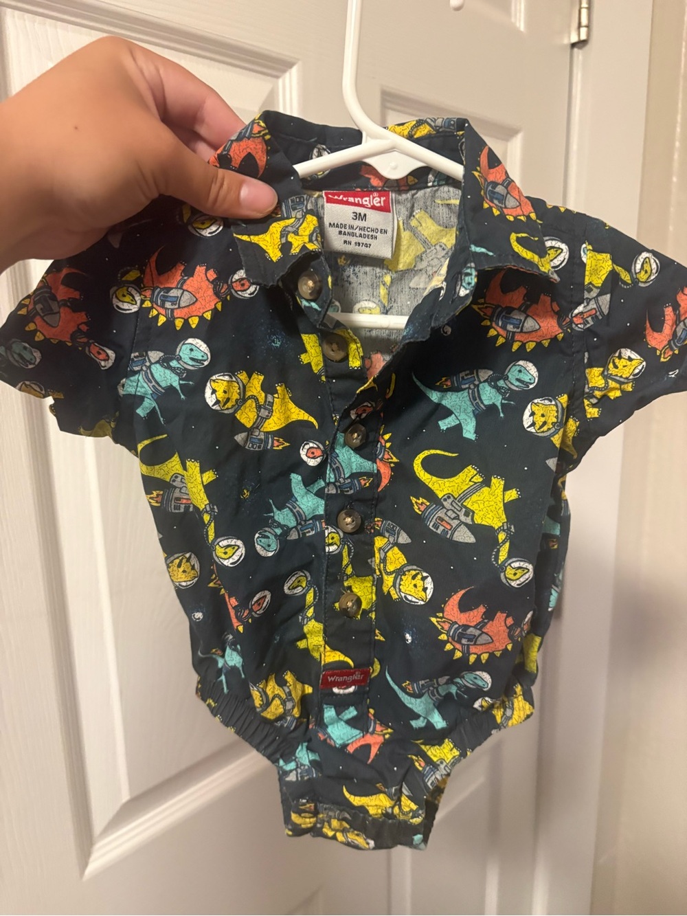 Wrangler Black Short-Sleeve Button Front Dino Print Shirt Onesie